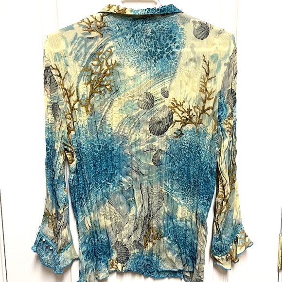 Boho Beaded Floral Top XL Blue Yellow Crinkle Blouse - Picture 2 of 13